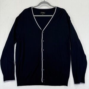 Tie Bar Men's Navy Blue thin soft Wool Cardigan Sweater XL Extra Large Gray Trim